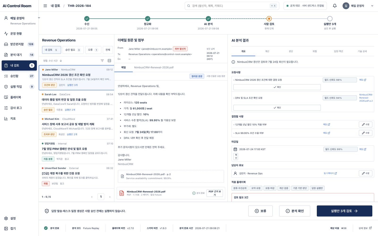 합성 Fixture 요청을 검토하는 AI Control Room 공개 데모